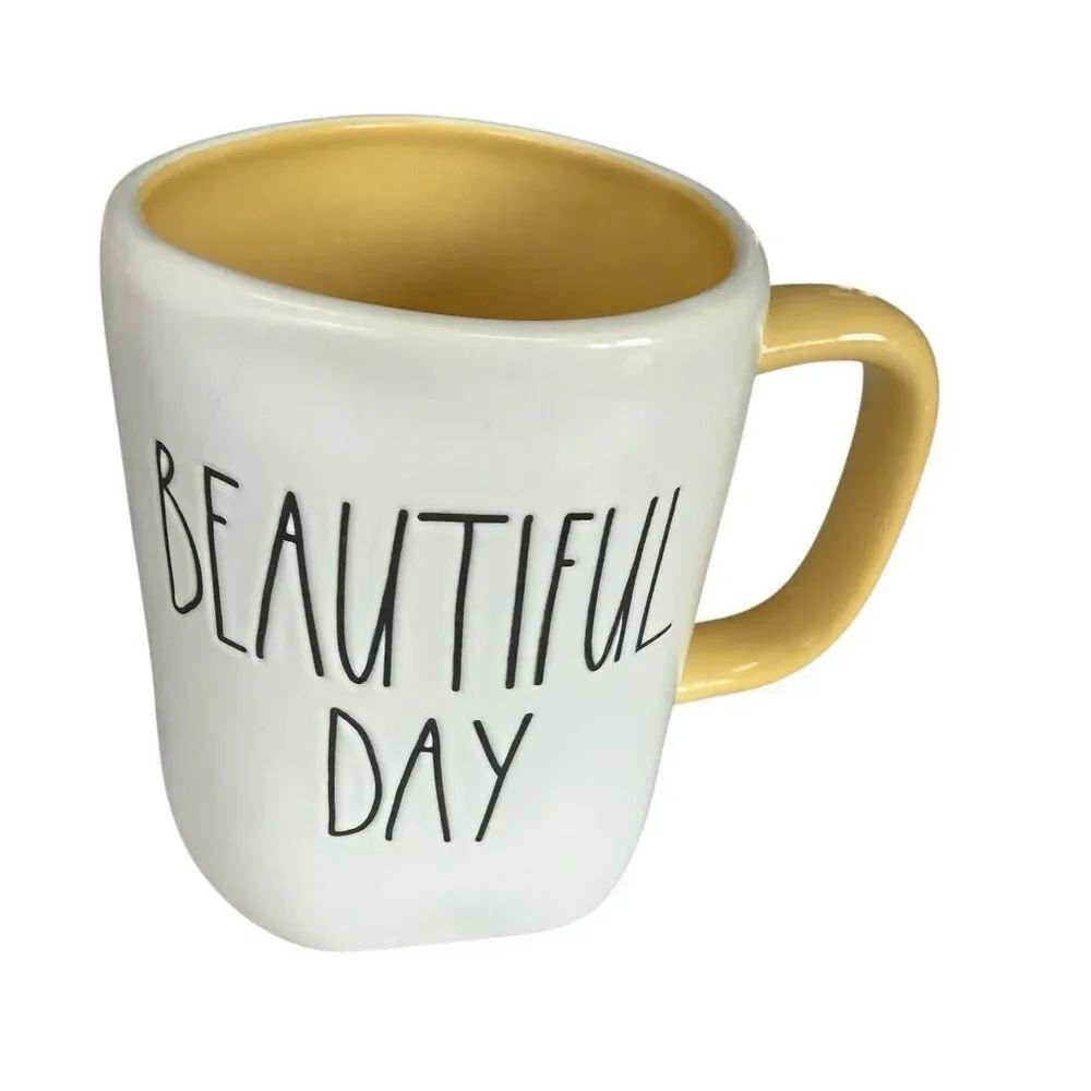 Rae Dunn "Beautiful Day" ceramic mug white exterior yellow interior